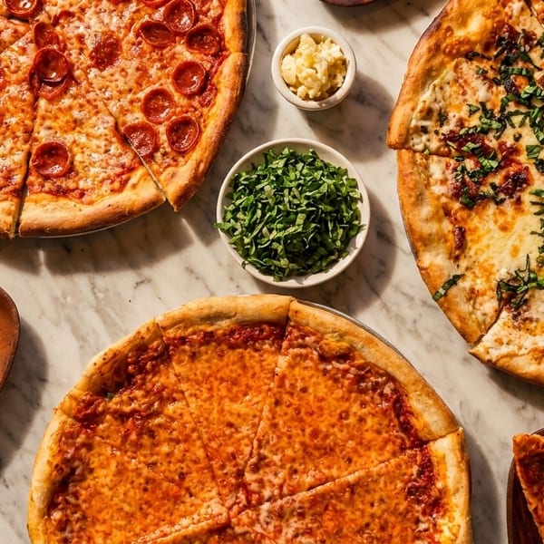 Three whole pizzas, one pepperoni, one cheese, and one with basil, plus two pizza slices.