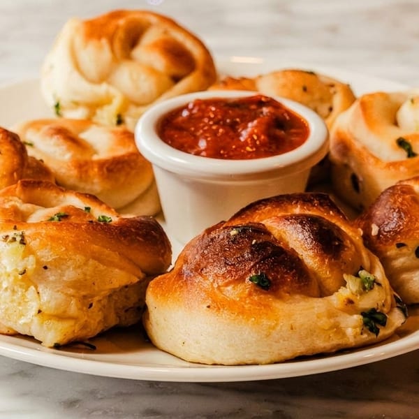A white plate filled with golden-brown garlic knots, garnished with herbs, and a side of marinara sauce.