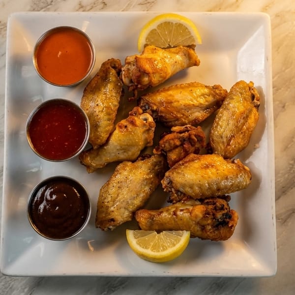 Golden brown chicken wings with lemon wedges and three dipping sauces on a white plate.